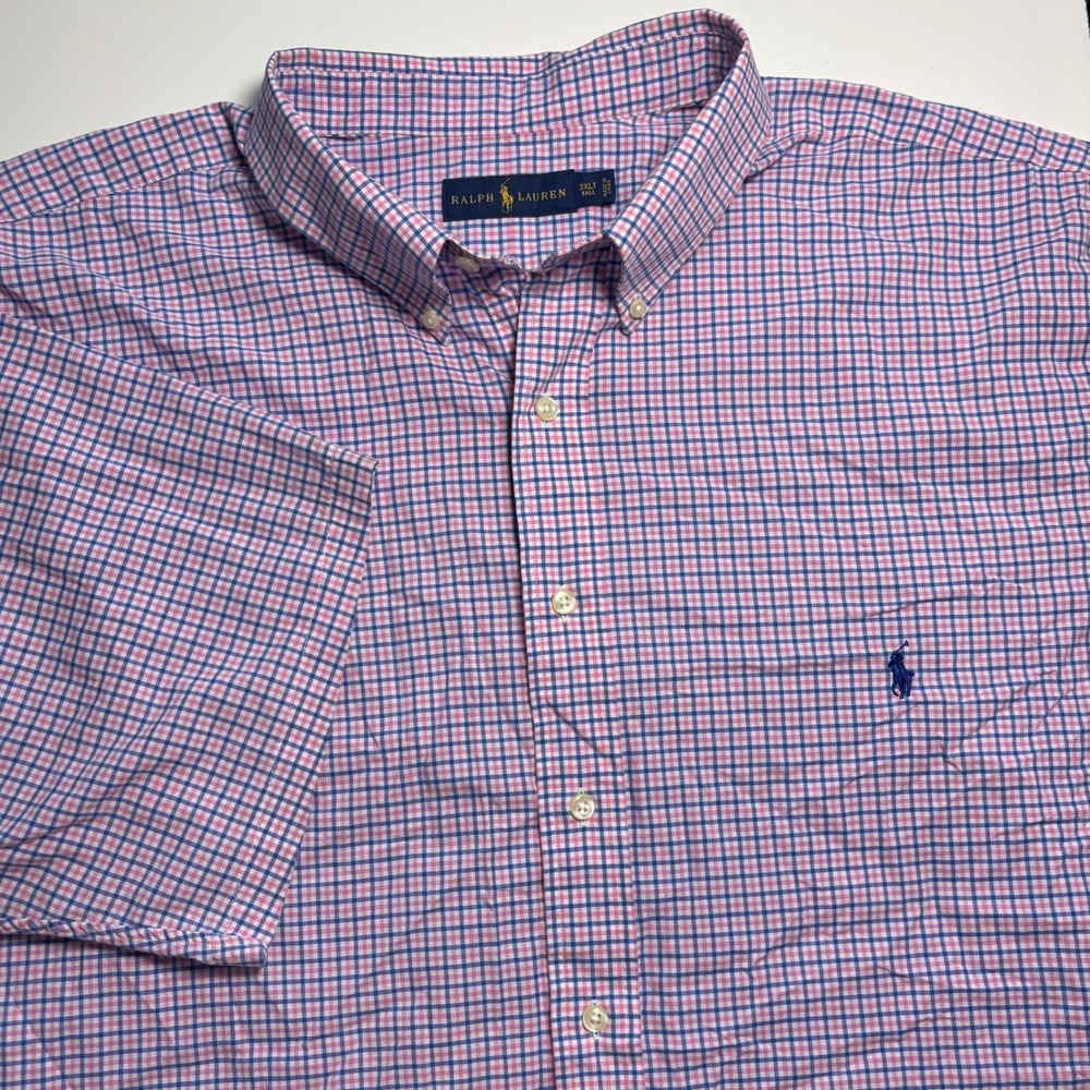 Ralph Lauren Gingham Check Men 3XLT Tall Button Down Short Sleeve Shirt Pink - Picture 3 of 8
